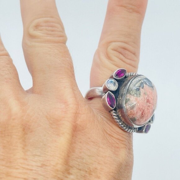 Artisan Rhodonite Garnet Moonstone Ring Size 9 Sterling Silver Bezel Set Stones - Picture 5 of 10